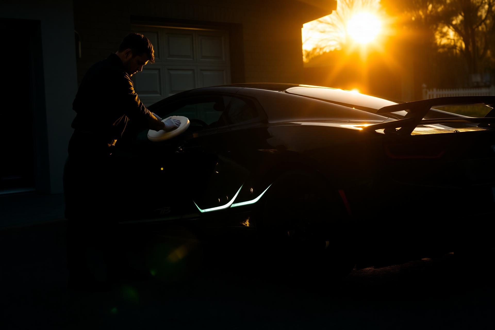 Professional detailer buffing a luxury black sports car at sunset